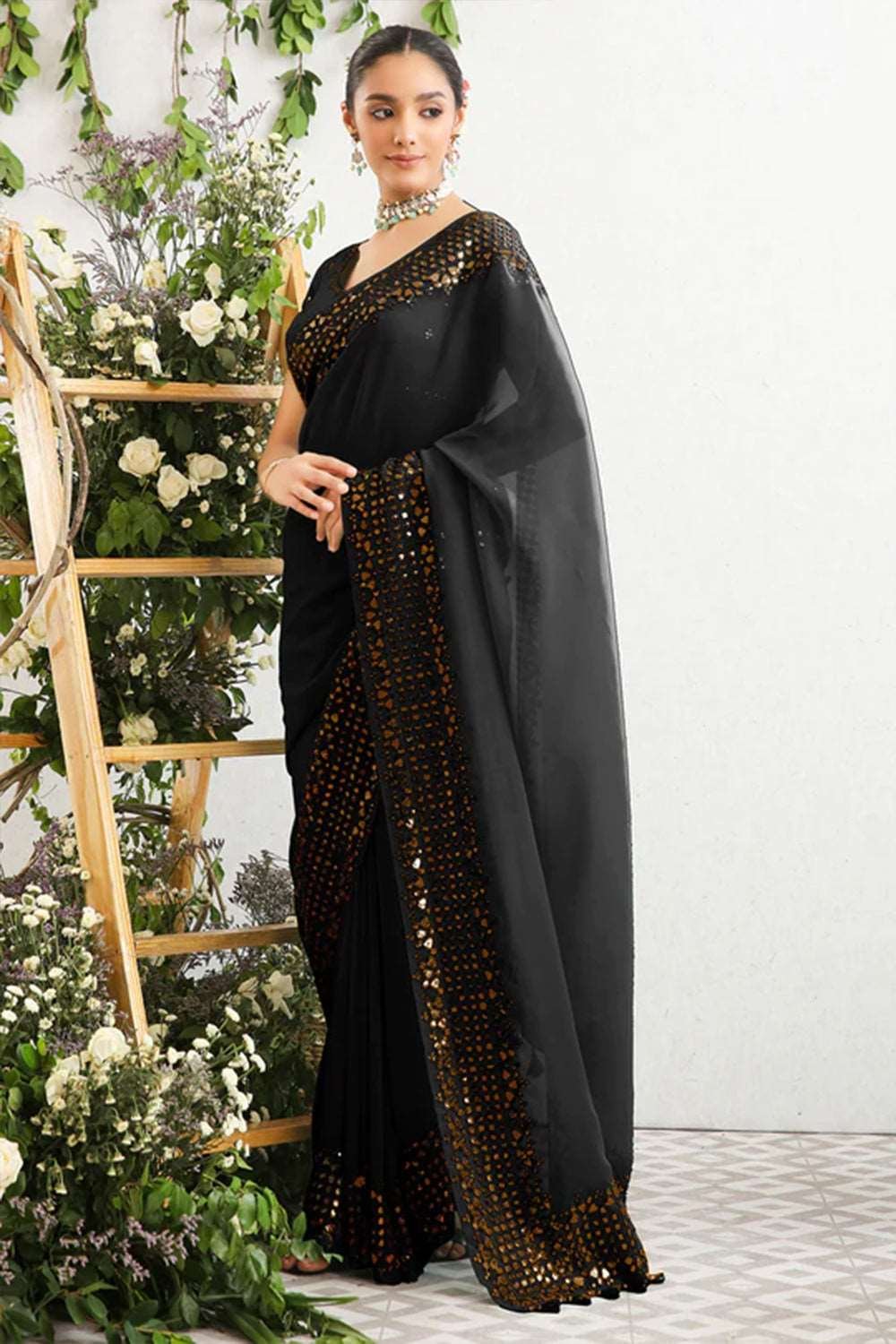 Black Georgette Floral Printed Saree