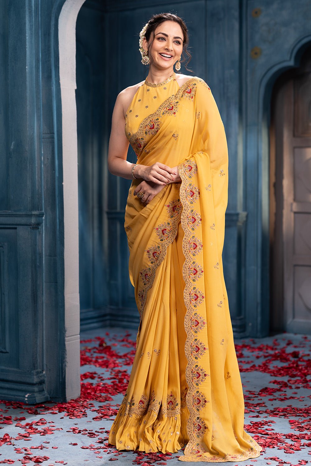 Pale Yellow Pure Georgette Resham, Zari and Sequins Embroidered Saree